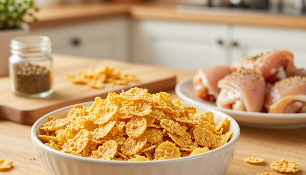 A beautifully styled kitchen scene featuring a bowl of golden cornflake coating, ready to be used for chicken nuggets. In the foreground, the bowl filled with fine, crushed cornflakes glistens under soft, warm lighting, showcasing the texture of the flakes. To the side, there's a plate with freshly cut chicken pieces, lightly seasoned and awaiting their delicious transformation. In the middle, a wooden cutting board displays a scattering of cornflakes and a small glass jar of spices. The background is softly blurred, hinting at a cozy kitchen with wooden cabinets and herbs in pots. The overall mood is inviting and appetizing, emphasizing the quick and easy preparation for a family meal.