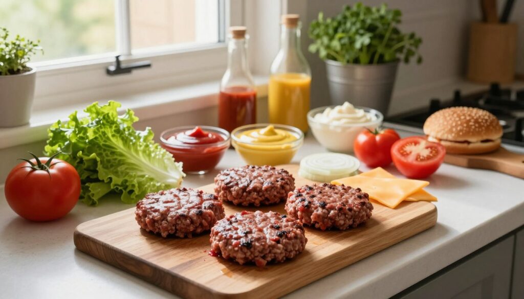 A bright and inviting kitchen counter filled with fresh ingredients for homemade burgers. In the foreground, a wooden cutting board displays juicy beef patties, fresh green lettuce, ripe tomatoes, sliced onions, and gooey cheese ready to be assembled. In the middle, a bowl of condiment options, like ketchup, mustard, and mayonnaise, adds color and variety. In the background, a window lets in warm natural light, casting a soft glow on the scene, while a decorative herb pot adds a touch of freshness. The angle is slightly overhead, showcasing the organized chaos of preparing the perfect burger. The mood is lively and appetizing, highlighting the joy of cooking and the delicious possibilities of homemade burgers.