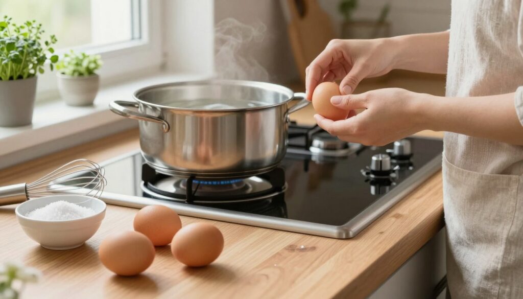 A bright and inviting kitchen scene featuring a person in modest casual clothing preparing eggs for boiling. In the foreground, there’s a close-up of three fresh eggs on a wooden countertop, alongside a small bowl filled with salt and a whisk. The middle ground showcases a pot filled with water on a modern stove, with the stove's dials slightly blurred to enhance depth. In the background, light filters in through a window, illuminating fresh herbs in small pots on the windowsill. The atmosphere is warm and homey, evoking a sense of comfort and preparation. Use soft, natural lighting to capture the freshness of the ingredients, emphasizing textures and colors for an appetizing effect. A bright and inviting kitchen scene featuring a person in modest casual clothing preparing eggs for boiling. In the foreground, there’s a close-up of three fresh eggs on a wooden countertop, alongside a small bowl filled with salt and a whisk. The middle ground showcases a pot filled with water on a modern stove, with the stove's dials slightly blurred to enhance depth. In the background, light filters in through a window, illuminating fresh herbs in small pots on the windowsill. The atmosphere is warm and homey, evoking a sense of comfort and preparation. Use soft, natural lighting to capture the freshness of the ingredients, emphasizing textures and colors for an appetizing effect.