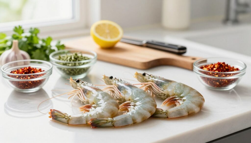 A clean and bright kitchen countertop filled with fresh, uncooked shrimp ready for marinating. The foreground features a close-up of raw shrimp, their shells slightly glistening; some are peeled while others are intact, showcasing textures. Nearby, bowls of vibrant spices and herbs, such as garlic, coriander, and chili flakes, reflect colorful preparation. The middle-ground includes a wooden cutting board with a zest of lemon and a small knife, alluding to the flavoring process. In the background, soft natural light streams through a window, creating a warm and inviting atmosphere. The scene is well-composed with a shallow depth of field, focusing on the shrimp while slightly blurring the background. The overall mood is fresh and appetizing, perfect for preparing a delicious shrimp marinade.