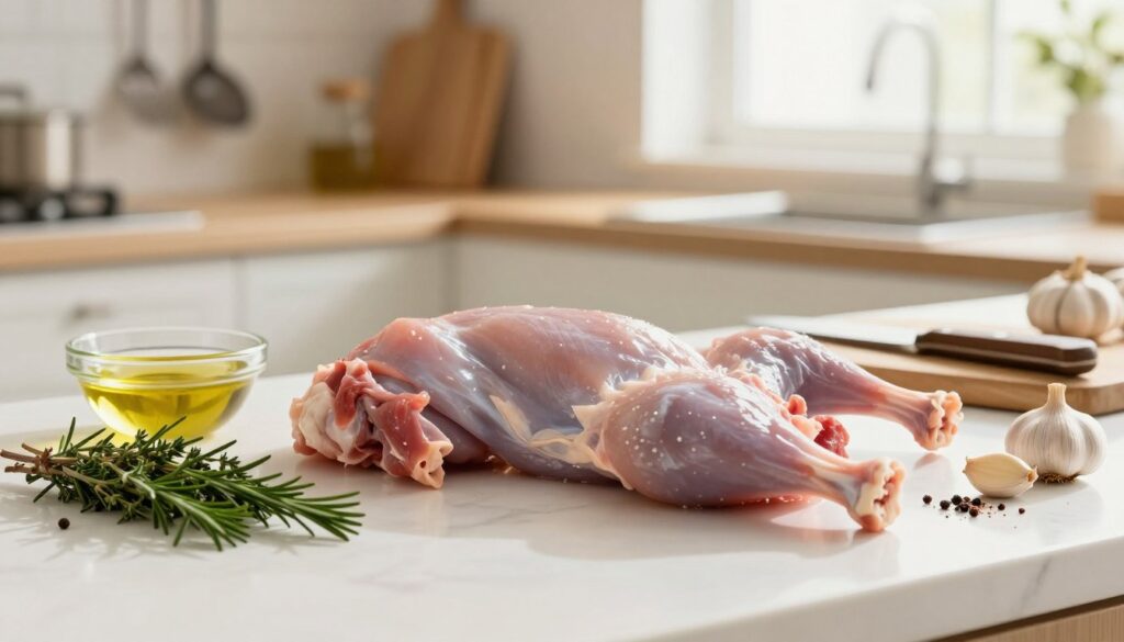A clean and well-lit kitchen countertop, with a focus on preparing rabbit meat for marination. In the foreground, there are fresh herbs like rosemary and thyme, alongside a bowl of olive oil, garlic cloves, and various spices neatly arranged. The rabbit meat is thoughtfully laid out, showcasing its natural colors and textures, with some parts already trimmed and cleaned, emphasizing freshness. The middle ground includes a slightly blurred view of a chopping board and a knife, hinting at the preparation process. The background features soft, warm-toned kitchen elements, like hanging utensils and a softly glowing window, suggesting a cozy, inviting atmosphere. The lighting is bright but soft, casting gentle shadows that enhance the visual warmth and create an inviting mood for cooking.