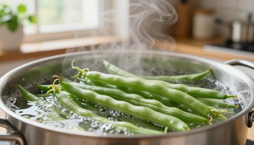 A close-up, beautifully arranged kitchen scene showcasing fresh, vibrant green string beans being blanched in a pot of boiling water. In the foreground, focus on the beans, glistening and bright, to emphasize their color and freshness. In the middle, a stainless steel pot bubbles, steam rising gently, indicating the cooking process. In the background, soft, natural light pours in through a window, illuminating a rustic kitchen with wooden shelves and fresh herbs. The mood is warm and inviting, perfect for cooking. Use a shallow depth of field to keep the beans sharply in focus while slightly blurring the kitchen elements, capturing the essence of cooking string beans to retain their color and crispness. A close-up, beautifully arranged kitchen scene showcasing fresh, vibrant green string beans being blanched in a pot of boiling water. In the foreground, focus on the beans, glistening and bright, to emphasize their color and freshness. In the middle, a stainless steel pot bubbles, steam rising gently, indicating the cooking process. In the background, soft, natural light pours in through a window, illuminating a rustic kitchen with wooden shelves and fresh herbs. The mood is warm and inviting, perfect for cooking. Use a shallow depth of field to keep the beans sharply in focus while slightly blurring the kitchen elements, capturing the essence of cooking string beans to retain their color and crispness.