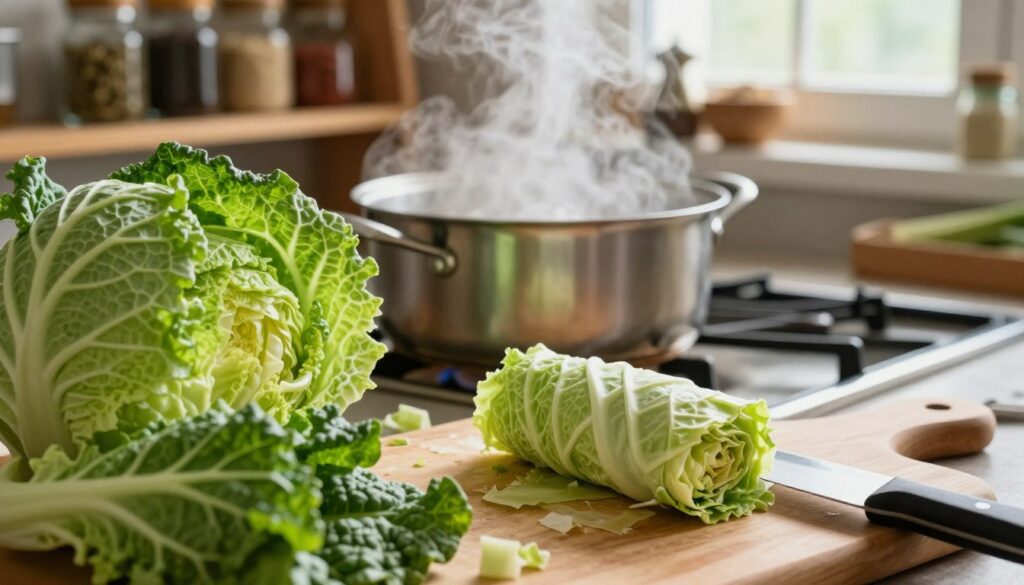 A close-up image depicting the preparation of young cabbage for rolling stuffed cabbage rolls. In the foreground, fresh, vibrant leaves of young green cabbage are partially peeled away, revealing their tender texture. A wooden cutting board is placed in the scene, with a sharp knife resting beside the cabbage. In the middle, a pot of boiling water on the stove simmers, creating steam that softens the atmosphere. The background features a cozy kitchen setting with rustic wooden shelves, filled with spices and ingredients, softly lit by warm, natural light coming through a nearby window. The mood is homey and inviting, emphasizing the essence of traditional cooking.
