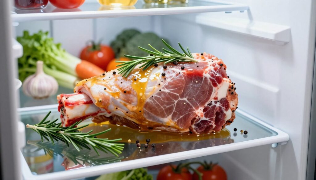 A close-up image of a marinated pork shoulder resting on a glass shelf inside a modern refrigerator. The pork shoulder is surrounded by vibrant herbs and spices, such as rosemary, garlic, and peppercorns, visually showcasing its marinade, which is a rich, golden-brown liquid. Soft, cool lighting illuminates the scene, creating a fresh, appetizing atmosphere. In the background, blurred shelves are filled with fresh vegetables and condiments, hinting at a well-stocked fridge. The angle is slightly elevated, providing a clear view of the marinated meat while emphasizing the cleanliness and organization of the refrigerator interior. Overall, the image conveys the idea of freshness and the importance of proper storage while marinating meat. A close-up image of a marinated pork shoulder resting on a glass shelf inside a modern refrigerator. The pork shoulder is surrounded by vibrant herbs and spices, such as rosemary, garlic, and peppercorns, visually showcasing its marinade, which is a rich, golden-brown liquid. Soft, cool lighting illuminates the scene, creating a fresh, appetizing atmosphere. In the background, blurred shelves are filled with fresh vegetables and condiments, hinting at a well-stocked fridge. The angle is slightly elevated, providing a clear view of the marinated meat while emphasizing the cleanliness and organization of the refrigerator interior. Overall, the image conveys the idea of freshness and the importance of proper storage while marinating meat.