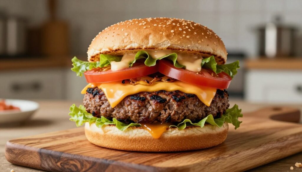 A close-up image of a perfectly cooked, juicy smash burger on a rustic wooden cutting board. The burger features a charred, crispy patty that has been smashed to enhance its flavor and seeping juices, topped with melted cheddar cheese, crispy lettuce, ripe tomato slices, and a dollop of special sauce. The backdrop is softly blurred, showcasing a cozy kitchen environment with warm, inviting lighting, emphasizing the deliciousness of the burger. The focus is sharp on the burger, capturing the glistening textures and vibrant colors of the ingredients. A gentle, natural light source illuminates the scene, casting soft shadows to create an appetizing atmosphere that entices the viewer. No text or logos are present in the image.