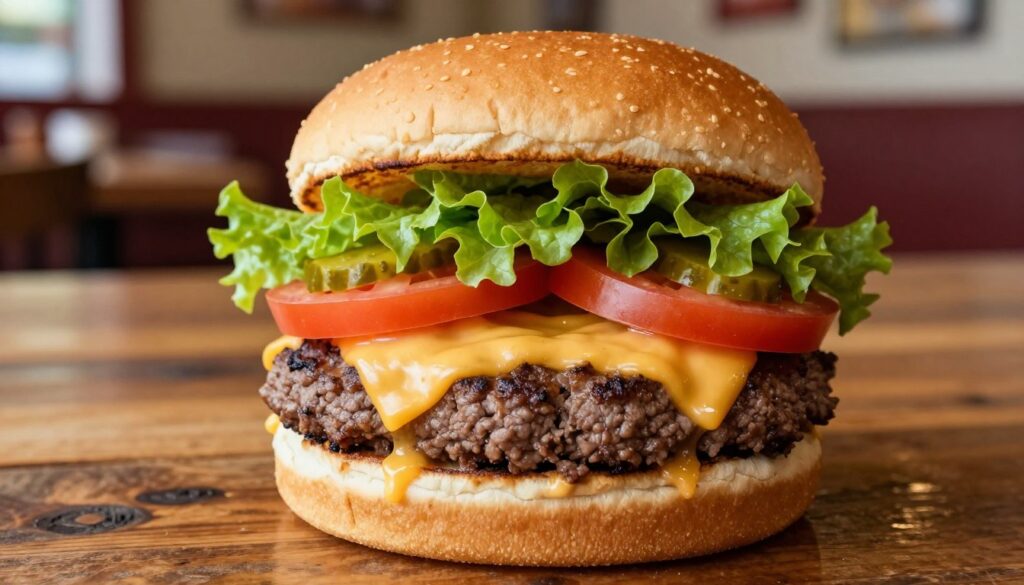 A close-up of a mouthwatering smash burger featuring a golden, toasted brioche bun, perfectly melted cheese oozing over a juicy, smashed beef patty, and vibrant, fresh toppings including crisp lettuce, ripe tomato slices, and tangy pickles. The burger is placed on a rustic wooden table, with a soft focus on the background highlighting faint hints of a cozy diner ambiance. Warm, natural lighting illuminates the scene, enhancing the textures of the ingredients and creating an inviting atmosphere. The camera angle is slightly tilted from above to emphasize the layers of the burger while maintaining a clear view of the delicious details.