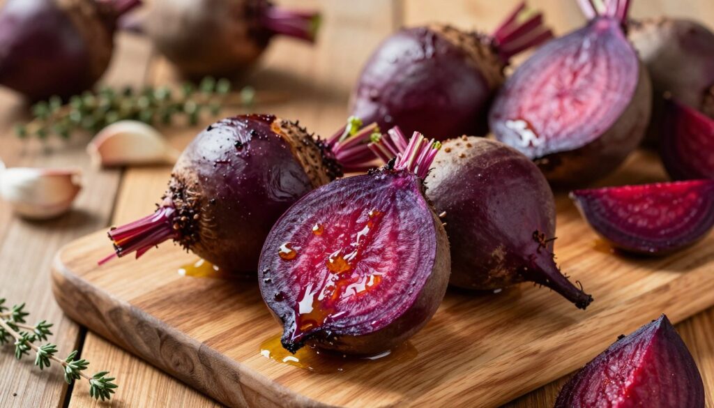 A close-up of freshly roasted beets on a rustic wooden table, showcasing their vibrant purple and deep red hues. The beets are glistening with a light sheen of olive oil, hinting at their sweetness. Soft, golden light illuminates the scene, casting gentle shadows and highlighting the textures of the roasted beets. In the background, scattered herbs enhance the earthy feel, with hints of garlic cloves and thyme, subtly conveying the aroma of roasting beets. A tastefully arranged wooden serving board holds a few sliced beets, demonstrating their tender, juicy interior. The overall atmosphere is warm and inviting, emphasizing the process of properly baking beets to achieve softness and rich color. The image should maintain a clear, sharp focus on the foreground beets, with a soft bokeh effect in the background to enhance depth.