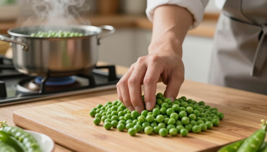 A close-up scene depicting a hand softly pressing down on a pile of cooked green peas to check their softness. The hand, dressed in a stylish yet modest chef's apron, is surrounded by a pristine kitchen countertop. In the background, there’s a pot on the stove, slightly steaming, with a subtle focus on the blurred peas within. Soft, warm lighting creates a welcoming atmosphere, enhancing the vibrant green of the peas and the rich wood tones of the kitchen. A shallow depth of field emphasizes the action in the foreground while keeping the kitchen context visible, suggesting a cozy, home-cooking vibe. The image exudes a sense of care and attention to detail in food preparation.