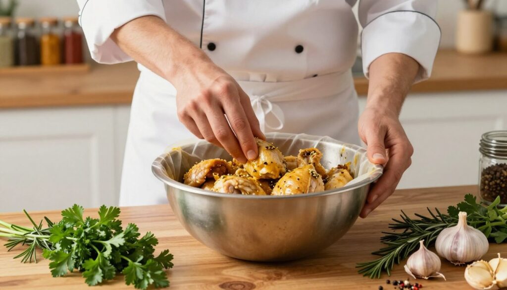A close-up scene of a chef preparing chicken for baking in an oven bag, showcasing the marinated chicken pieces in a large mixing bowl surrounded by fresh herbs, garlic, and spices. The chef, dressed in a professional white apron and a modern kitchen outfit, gently massages the marinade into the chicken. In the foreground, vibrant green herbs like rosemary and parsley are scattered, and the mixing bowl is placed on a rustic wooden countertop. The kitchen is bright, illuminated by warm, soft lighting that adds a cozy atmosphere. In the background, a neatly arranged spice rack suggests a variety of flavorful options for the marinade. The composition should evoke a sense of culinary expertise and a homely environment. A close-up scene of a chef preparing chicken for baking in an oven bag, showcasing the marinated chicken pieces in a large mixing bowl surrounded by fresh herbs, garlic, and spices. The chef, dressed in a professional white apron and a modern kitchen outfit, gently massages the marinade into the chicken. In the foreground, vibrant green herbs like rosemary and parsley are scattered, and the mixing bowl is placed on a rustic wooden countertop. The kitchen is bright, illuminated by warm, soft lighting that adds a cozy atmosphere. In the background, a neatly arranged spice rack suggests a variety of flavorful options for the marinade. The composition should evoke a sense of culinary expertise and a homely environment.