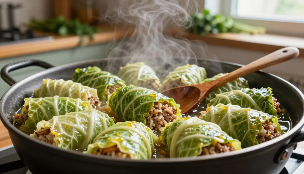 A close-up scene of a cooking pot filled with neatly arranged stuffed cabbage rolls, known as gołąbki, placed in a traditional kitchen setting. The foreground features tender green cabbage leaves wrapped tightly around a savory meat and rice filling, glistening with a light drizzle of oil. In the middle, an elegantly simmering pot with a wooden spoon resting on the side captures the dish's essence, while steam gently rises, filling the air with warmth. The background shows rustic kitchen shelves adorned with herbs and spices, soft light illuminating the scene from a nearby window, creating a cozy atmosphere. The focus is sharp on the pot and gołąbki, with a slightly blurred background, emphasizing the culinary art of arranging these comforting rolls for perfect cooking.