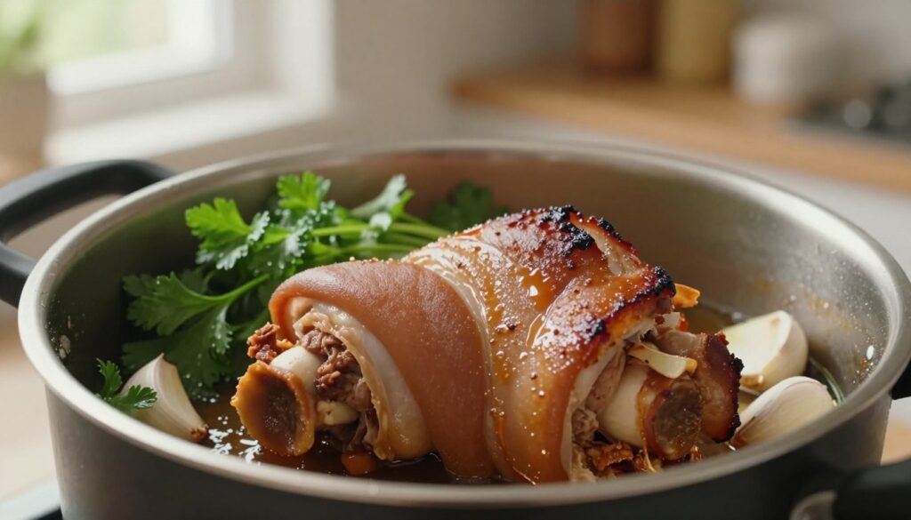 A close-up scene of a pot of tender, juicy pork knuckle (golonka) being cooked in a pressure cooker. In the foreground, the focus is on the pork knuckle with a beautifully browned surface, glistening with flavorful juices. In the middle, include fresh herbs like parsley and garlic cloves surrounding the pot, enhancing the dish's presentation. The background features a softly blurred kitchen setting, illuminated by warm, natural light streaming in from a nearby window, creating a cozy atmosphere. The angle captures the scene from slightly above, giving a sense of depth and inviting the viewer to enjoy the cooking process. The overall mood is warm and inviting, emphasizing the home-cooked essence of the dish.