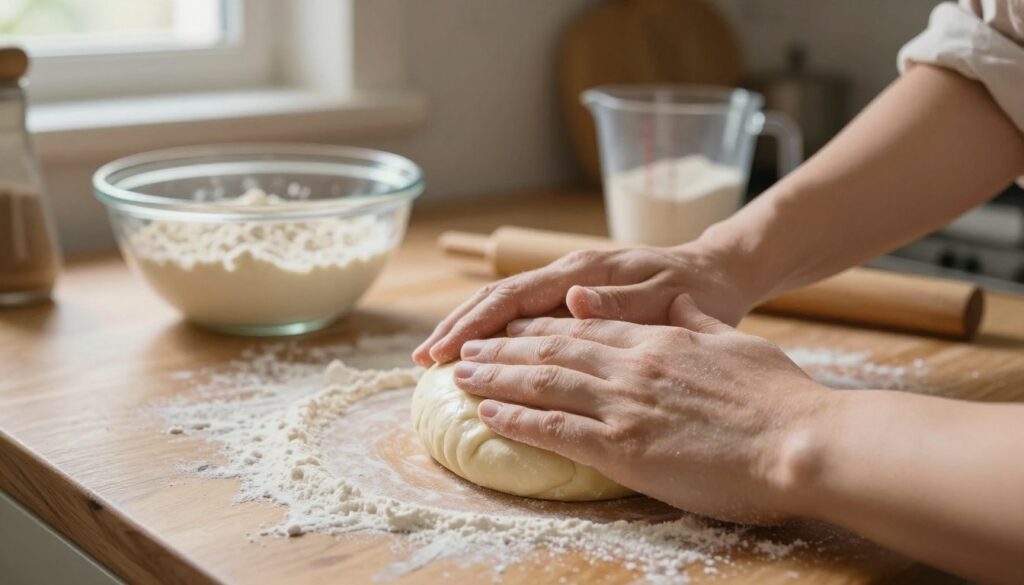 A close-up scene of hands kneading dough for soft burger buns, set on a wooden kitchen countertop. The foreground features flour dusting the surface, with fingers gently folding and pressing the dough, which is smooth and slightly shiny. In the mid-ground, a glass bowl filled with a mixture of yeast, sugar, and warm water is placed alongside a measuring cup with flour. In the background, soft natural light filters in through a window, casting gentle shadows, and showcasing a cozy, rustic kitchen atmosphere. The mood is warm and inviting, emphasizing the process of creating homemade burger buns, with an emphasis on texture and the artistry of baking.