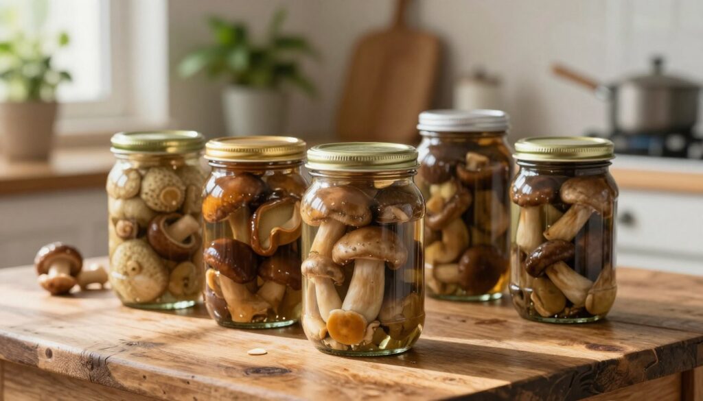 A close-up scene of jars filled with marinated mushrooms in various shapes and colors, showcasing bright, glossy caps and earthy tones. The jars, sealed and labeled for preservation, are arranged on a rustic wooden table that gives an inviting, homey feel. In the background, a softly blurred kitchen setting includes herbal plants and cooking utensils, enhancing the atmosphere of home cooking. The warm, natural light streams in from a nearby window, casting gentle shadows and highlighting the textures of the mushrooms and jars. The overall mood is cozy and artisanal, emphasizing the craft of canning mushrooms, perfect for illustrating the process of pasteryzacja. A close-up scene of jars filled with marinated mushrooms in various shapes and colors, showcasing bright, glossy caps and earthy tones. The jars, sealed and labeled for preservation, are arranged on a rustic wooden table that gives an inviting, homey feel. In the background, a softly blurred kitchen setting includes herbal plants and cooking utensils, enhancing the atmosphere of home cooking. The warm, natural light streams in from a nearby window, casting gentle shadows and highlighting the textures of the mushrooms and jars. The overall mood is cozy and artisanal, emphasizing the craft of canning mushrooms, perfect for illustrating the process of pasteryzacja.