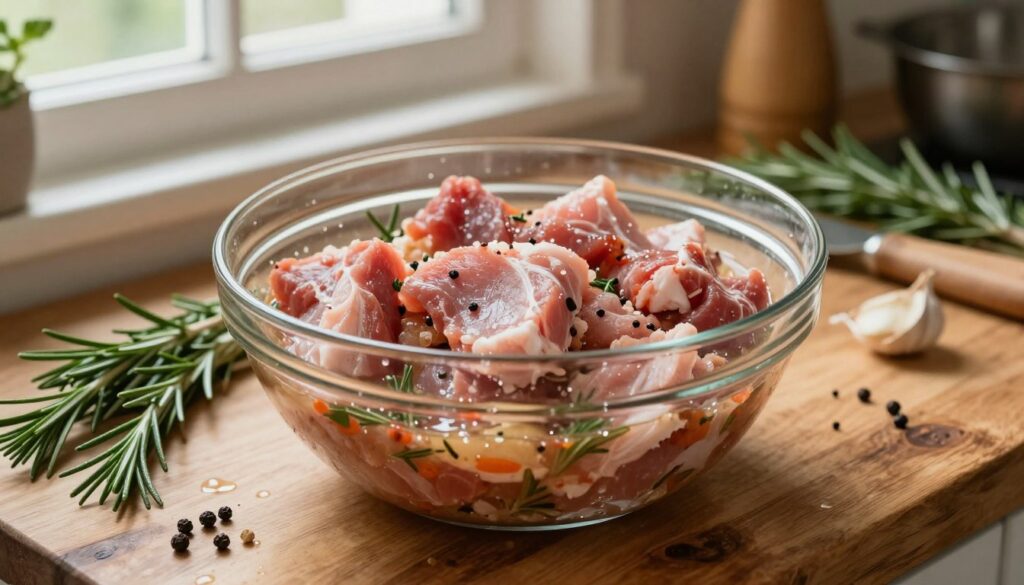 A close-up scene of seasoned pork marinating in a glass bowl, surrounded by a variety of fresh herbs and spices, including rosemary, garlic, and peppercorns. The bowl sits on a rustic wooden kitchen counter, with droplets of marinade glistening under soft, warm natural light filtering in from a nearby window. In the background, blurred kitchen utensils and herbs add depth, evoking a homey culinary atmosphere. The focus is on the vibrant colors and textures of the ingredients, highlighting how they blend together. The angle captures both the bowl and the counter, implying a sense of preparation and care for the cooking process.