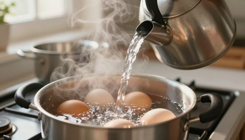 A close-up shot of a kitchen scene that captures the process of boiling eggs. The foreground features a pot filled with cold water, with a few whole eggs resting comfortably at the bottom. In the middle, a kettle is gently pouring boiling water into another pot, steam rising dramatically, illuminating the scene with a warm glow. The background shows a stove with a subtle blur, emphasizing the action in the foreground. Soft, natural lighting streams through a nearby window, casting gentle shadows and creating a cozy atmosphere. The overall mood is inviting and homey, perfect for illustrating the cooking method of eggs from cold water and boiling water.