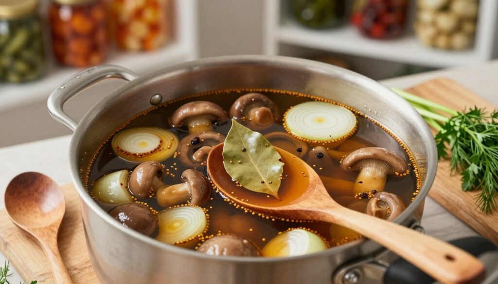 A close-up shot of a simmering pot filled with a glossy, aromatic marinade for pickled mushrooms. The marinade, featuring a rich combination of earthy tones, includes suspended spices like mustard seeds, allspice, and bay leaves surrounded by vibrant slices of onion and garlic. In the foreground, a wooden spoon rests beside the pot, and a rustic cutting board lies nearby, adorned with fresh herbs like dill and parsley. In the background, a softly lit kitchen setting features blurred shelves filled with jars of various home-canned vegetables, creating a warm, inviting atmosphere. The image conveys a sense of hominess, with natural lighting highlighting the ingredients' textures and colors. The angle is slightly overhead, capturing both the ingredients and the culinary process. A close-up shot of a simmering pot filled with a glossy, aromatic marinade for pickled mushrooms. The marinade, featuring a rich combination of earthy tones, includes suspended spices like mustard seeds, allspice, and bay leaves surrounded by vibrant slices of onion and garlic. In the foreground, a wooden spoon rests beside the pot, and a rustic cutting board lies nearby, adorned with fresh herbs like dill and parsley. In the background, a softly lit kitchen setting features blurred shelves filled with jars of various home-canned vegetables, creating a warm, inviting atmosphere. The image conveys a sense of hominess, with natural lighting highlighting the ingredients' textures and colors. The angle is slightly overhead, capturing both the ingredients and the culinary process.