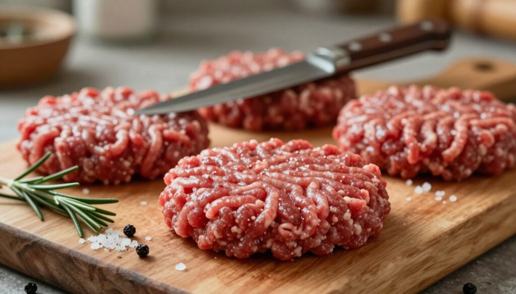 A close-up shot of fresh ground beef, specifically shaped into burger patties, set against a rustic wooden cutting board. In the foreground, the raw minced meat is vibrant red and slightly glistening, indicating its freshness. Surrounding the patties, there are ingredients like a sprig of rosemary, coarse sea salt, and freshly cracked black pepper, which enhance the culinary atmosphere. In the middle ground, a well-sharpened chef's knife rests beside the patties, emphasizing preparation. The background features a soft focus of a warm kitchen environment, with muted colors and natural lighting casting a cozy glow. The overall mood is inviting and tantalizing, perfect for showcasing the appeal of ground beef for burgers. A close-up shot of fresh ground beef, specifically shaped into burger patties, set against a rustic wooden cutting board. In the foreground, the raw minced meat is vibrant red and slightly glistening, indicating its freshness. Surrounding the patties, there are ingredients like a sprig of rosemary, coarse sea salt, and freshly cracked black pepper, which enhance the culinary atmosphere. In the middle ground, a well-sharpened chef's knife rests beside the patties, emphasizing preparation. The background features a soft focus of a warm kitchen environment, with muted colors and natural lighting casting a cozy glow. The overall mood is inviting and tantalizing, perfect for showcasing the appeal of ground beef for burgers.