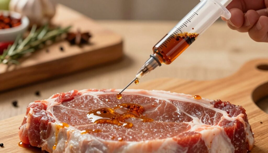 A close-up shot of marinated meat being injected with a flavorful marinade using a syringe. The foreground features a glistening piece of raw meat, showcasing its marbled texture and vibrant colors from the marinade. In the middle of the frame, the syringe is poised above the meat, with droplets of marinade glistening as they are injected. The background includes a rustic kitchen setting with wooden cutting boards, spices, and herbs scattered artistically to suggest a homemade atmosphere. Warm, soft lighting illuminates the scene, creating a cozy and inviting mood. The camera angle is slightly above eye level, adding depth to the composition while focusing on the action of marinating. The overall tone conveys a sense of culinary craftsmanship and attention to detail. A close-up shot of marinated meat being injected with a flavorful marinade using a syringe. The foreground features a glistening piece of raw meat, showcasing its marbled texture and vibrant colors from the marinade. In the middle of the frame, the syringe is poised above the meat, with droplets of marinade glistening as they are injected. The background includes a rustic kitchen setting with wooden cutting boards, spices, and herbs scattered artistically to suggest a homemade atmosphere. Warm, soft lighting illuminates the scene, creating a cozy and inviting mood. The camera angle is slightly above eye level, adding depth to the composition while focusing on the action of marinating. The overall tone conveys a sense of culinary craftsmanship and attention to detail.