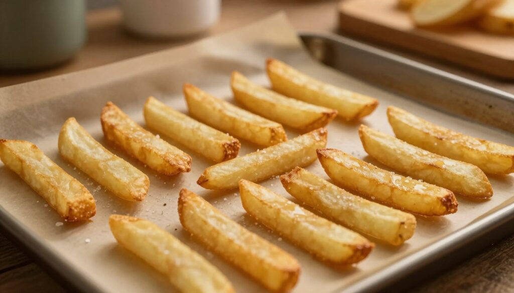 A close-up view of a baking sheet lined with parchment paper, showcasing evenly spaced, golden-brown French fries arranged in a neat, orderly fashion. The fries should appear crispy and glistening, with a sprinkling of sea salt highlighted by soft, warm overhead lighting. In the background, a cozy kitchen ambiance is evident, featuring muted tones and wooden surfaces that enhance the inviting atmosphere. The camera angle captures the frying pan’s surface texture, emphasizing the contrast between the rustic background and the shiny fries. The overall mood is warm and homely, evoking the inviting smell of freshly baked treats. No human subjects are present in the image.