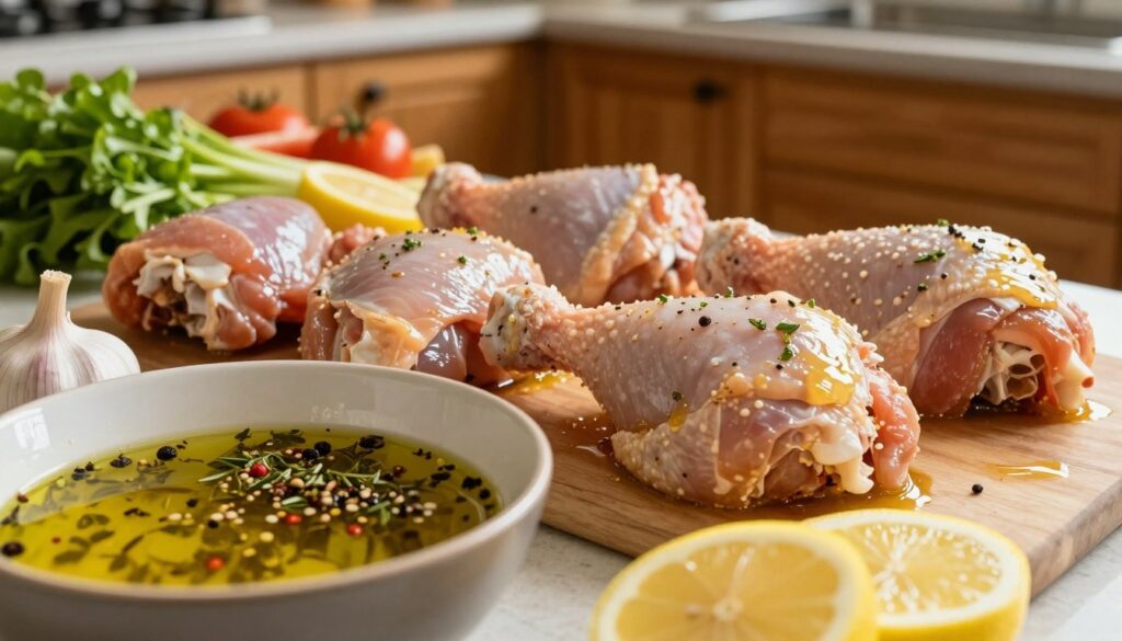 A close-up view of a beautifully arranged countertop featuring raw chicken pieces, ready for marinating. The foreground includes a bowl filled with a vibrant marinade made from herbs, spices, and olive oil, alongside fresh garlic and lemon slices for an appetizing touch. The middle ground showcases the chicken being coated in the marinade, glistening under warm, soft kitchen lighting, reflecting the textures and colors beautifully. In the background, a rustic kitchen setting is visible, with wooden cabinets and fresh vegetables neatly arranged. The atmosphere is warm and inviting, evoking a sense of home cooking and anticipation for a tasty meal. The camera angle is slightly above the surface, providing a detailed perspective on the preparation process without any clutter or distractions.