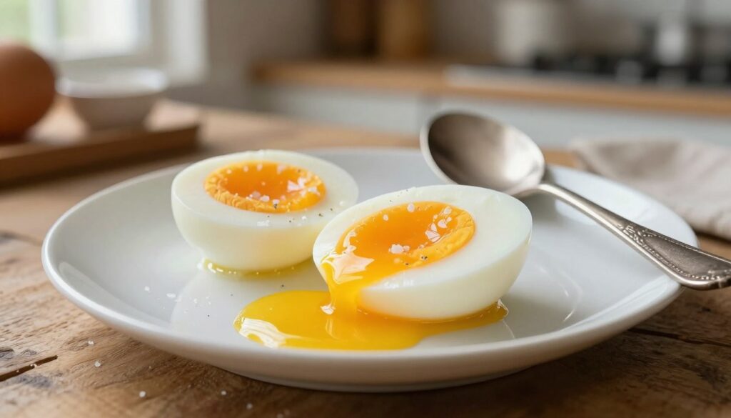 A close-up view of a beautifully plated soft-boiled egg, cut in half to reveal its runny, golden yolk and perfectly set whites, glistening with a sprinkle of sea salt. The foreground features the vibrant yellow yolk pooling slightly onto the plate, demonstrating a deliciously creamy texture. In the middle, a clean white plate with a rustic wooden table underneath, and a vintage-style spoon placed casually beside the egg. In the background, a softly blurred kitchen setting with warm, natural lighting filtering through a window, creating a cozy and inviting atmosphere. The image should evoke the warmth and comfort of preparing a perfect soft-boiled egg, with an emphasis on the culinary artistry involved. A close-up view of a beautifully plated soft-boiled egg, cut in half to reveal its runny, golden yolk and perfectly set whites, glistening with a sprinkle of sea salt. The foreground features the vibrant yellow yolk pooling slightly onto the plate, demonstrating a deliciously creamy texture. In the middle, a clean white plate with a rustic wooden table underneath, and a vintage-style spoon placed casually beside the egg. In the background, a softly blurred kitchen setting with warm, natural lighting filtering through a window, creating a cozy and inviting atmosphere. The image should evoke the warmth and comfort of preparing a perfect soft-boiled egg, with an emphasis on the culinary artistry involved.