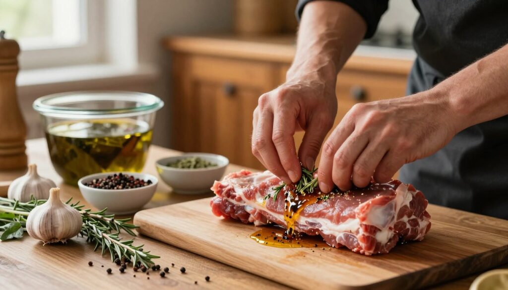 A close-up view of a chef's hands preparing pork neck (karkówka) for marination in a rustic kitchen setting. The foreground features fresh ingredients like garlic cloves, herbs, and spices arranged neatly beside a cutting board. The pork neck is being seasoned with a rich marinade made of olive oil, soy sauce, and aromatic herbs. In the middle ground, there are bowls filled with additional spices and a glass container for the marinating process, creating a sense of preparation. The background displays warm wooden cabinets and soft, natural light streaming through a window, enhancing the inviting atmosphere. The image should evoke a sense of calmness and culinary passion, highlighting the meticulous process of marinating the meat.