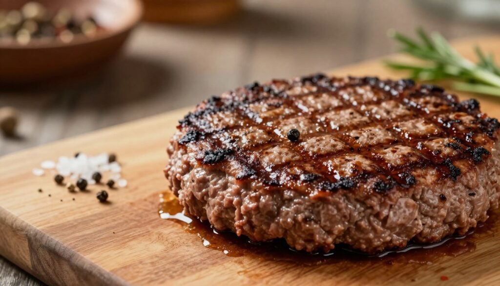A close-up view of a freshly cooked beef burger patty made from high-quality ground beef, with a rich, juicy texture. The foreground features a perfectly grilled patty with a slight char, glistening from the juices. In the middle ground, include a wooden cutting board with scattered spices like black pepper and sea salt, and a sprinkle of fresh herbs for seasoning. The background features a softly blurred rustic kitchen setting, with warm lighting that enhances the appetizing colors of the meat. Use a shallow depth of field to draw focus to the burger patty, conveying a mouthwatering and inviting atmosphere suitable for a cooking article.
