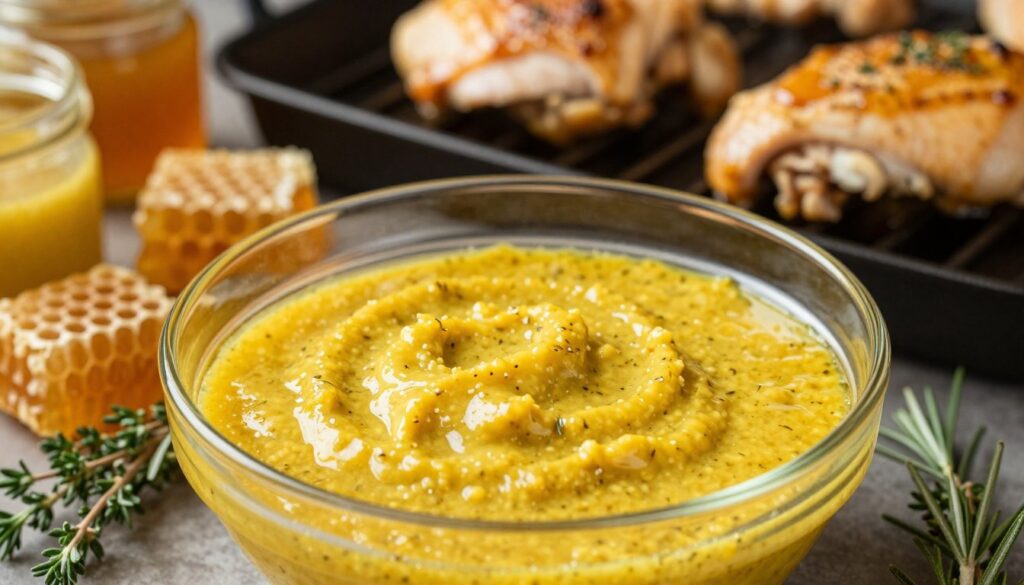 A close-up view of a glass bowl filled with a vibrant yellow mustard-honey marinade for chicken, surrounded by fresh ingredients. The foreground showcases the marinade glistening, highlighting the thick, textured consistency with flecks of herbs for added detail. In the middle, there's a scattering of honeycombs and jars of mustard, as well as a few sprigs of fresh thyme and rosemary. The background features a blurred grill with succulent chicken breasts marinating, suggesting preparation. Soft, warm lighting enhances the inviting atmosphere, with a gentle focus that creates a sense of warmth and culinary delight. The angle is slightly above the scene, capturing the rich colors and textures of the marinade and its ingredients.
