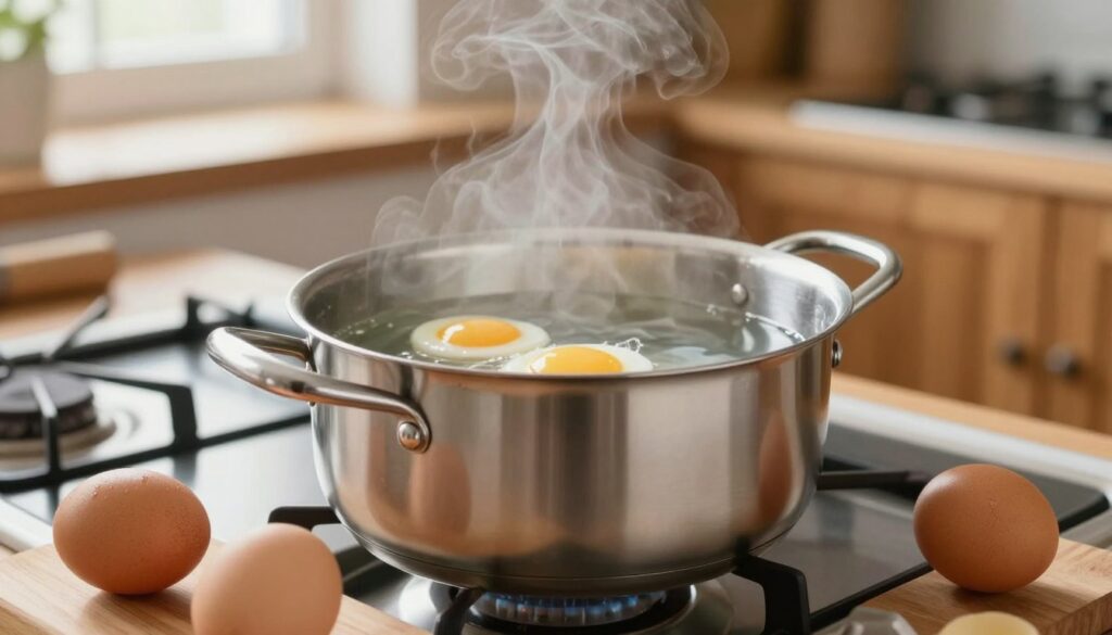 A close-up view of a kitchen scene centered on the preparation of soft-boiled eggs. In the foreground, a stainless steel pot filled with clear water sits on a modern stovetop, with steam lightly rising from the surface. Two fresh brown eggs rest nearby on a wooden cutting board, glistening with a slight sheen. In the middle ground, a soft-focus background showcases warm wooden cabinets and utensils, creating a cozy atmosphere. The lighting is bright and natural, streaming through a nearby window, emphasizing the freshness of the ingredients. The angle is slightly overhead, capturing both the pot and the eggs, inviting viewers into the cooking process. This image embodies a nurturing and inviting mood, perfect for the theme of egg preparation. A close-up view of a kitchen scene centered on the preparation of soft-boiled eggs. In the foreground, a stainless steel pot filled with clear water sits on a modern stovetop, with steam lightly rising from the surface. Two fresh brown eggs rest nearby on a wooden cutting board, glistening with a slight sheen. In the middle ground, a soft-focus background showcases warm wooden cabinets and utensils, creating a cozy atmosphere. The lighting is bright and natural, streaming through a nearby window, emphasizing the freshness of the ingredients. The angle is slightly overhead, capturing both the pot and the eggs, inviting viewers into the cooking process. This image embodies a nurturing and inviting mood, perfect for the theme of egg preparation.