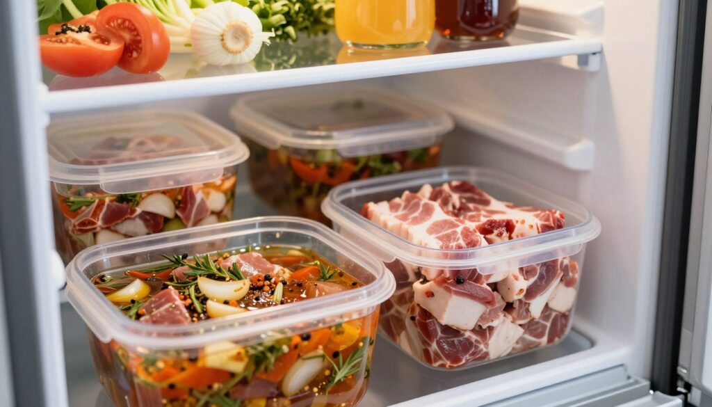 A close-up view of a modern refrigerator with various cuts of marinated pork neck (karkówka) sealed in transparent containers, showcasing the vibrant marinade with herbs and spices. The foreground includes an open container filled with a richly colored marinade featuring hints of garlic, onion, and pepper, glistening in the light. The middle of the image features several other containers with slightly different marinades, showcasing diversity in flavors. The background should have shelves stocked with fresh vegetables and condiments, suggesting preparation for grilling. Soft, natural lighting streams in, creating a warm, inviting atmosphere. The overall mood conveys anticipation and readiness for a delicious grill. The angle captures a slightly tilted perspective, emphasizing the freshness and essence of marinated meat. A close-up view of a modern refrigerator with various cuts of marinated pork neck (karkówka) sealed in transparent containers, showcasing the vibrant marinade with herbs and spices. The foreground includes an open container filled with a richly colored marinade featuring hints of garlic, onion, and pepper, glistening in the light. The middle of the image features several other containers with slightly different marinades, showcasing diversity in flavors. The background should have shelves stocked with fresh vegetables and condiments, suggesting preparation for grilling. Soft, natural lighting streams in, creating a warm, inviting atmosphere. The overall mood conveys anticipation and readiness for a delicious grill. The angle captures a slightly tilted perspective, emphasizing the freshness and essence of marinated meat.