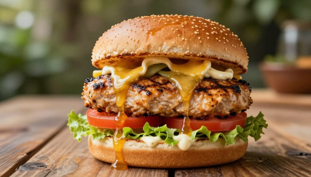A close-up view of a mouth-watering chicken burger, featuring a juicy grilled chicken breast piled high with fresh, colorful toppings. The burger is layered with crisp lettuce, ripe tomato slices, and creamy mayonnaise, all nestled within a perfectly toasted bun. Drizzling golden honey mustard sauce over the burger, the sauce glistens under soft, warm lighting, highlighting its rich texture. In the background, a rustic wooden table is set, with a blurred garden scene that conveys a relaxed, summery atmosphere. The camera captures the image at a slight angle, focusing on the burger's enticing details, with a shallow depth of field to create a soft, dreamy backdrop that evokes cravings. The mood is inviting and appetizing, ideal for showcasing a delicious chicken burger and its perfect sauce.