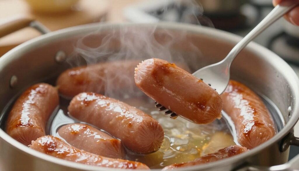 A close-up view of a pot filled with perfectly cooked frankfurters, glistening and steaming to indicate they are hot and ready to eat. The frankfurters should be plump, with a slight sheen, showing no visible cracks or splits, resting gently in a clear broth. In the foreground, focus on a fork lifting one frankfurter from the pot, showcasing its juicy texture. The middle ground features the pot, reflecting the warm light emanating from a stove, creating a cozy atmosphere. The background is softly blurred, suggesting a kitchen setting with subtle hints of utensils and a warm color palette. The image captures the essence of readiness, inviting and appetizing, with soft natural lighting to enhance the freshness. A close-up view of a pot filled with perfectly cooked frankfurters, glistening and steaming to indicate they are hot and ready to eat. The frankfurters should be plump, with a slight sheen, showing no visible cracks or splits, resting gently in a clear broth. In the foreground, focus on a fork lifting one frankfurter from the pot, showcasing its juicy texture. The middle ground features the pot, reflecting the warm light emanating from a stove, creating a cozy atmosphere. The background is softly blurred, suggesting a kitchen setting with subtle hints of utensils and a warm color palette. The image captures the essence of readiness, inviting and appetizing, with soft natural lighting to enhance the freshness.