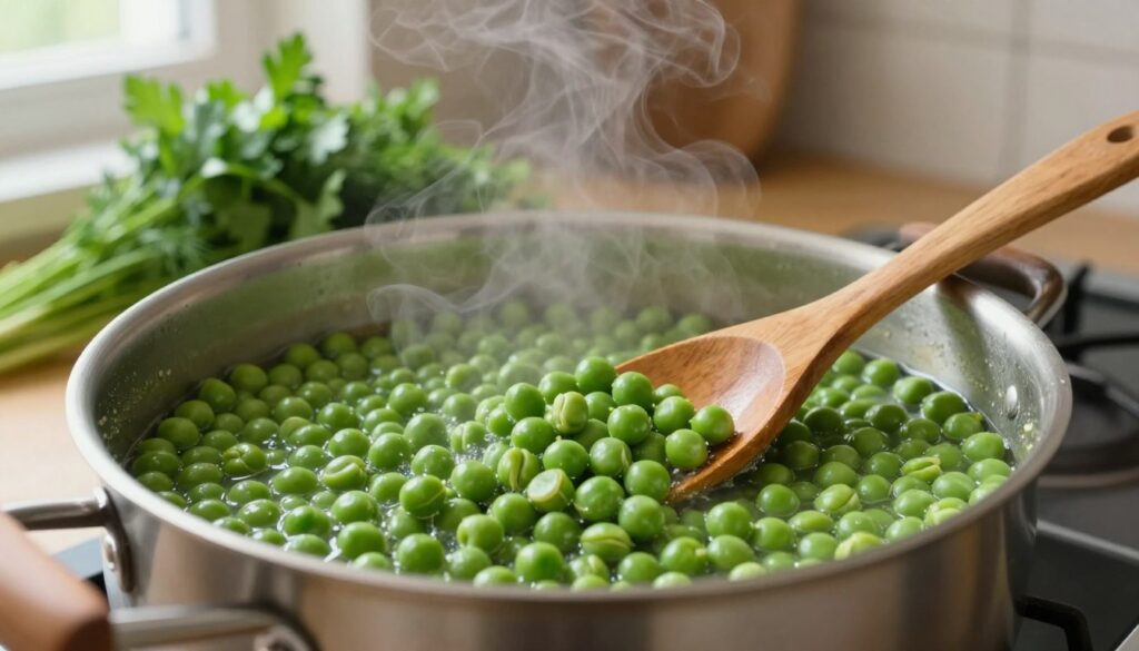 A close-up view of a pot on a stove, simmering with vibrant green split peas, showcasing the cooking process of "jak gotować groch łuskany". In the foreground, a wooden spoon rests against the pot, while steam rises gently, creating a warm and inviting atmosphere. In the middle ground, fresh herbs like parsley and dill are scattered around, adding freshness to the scene. The background features a cozy kitchen setting with soft, diffused natural light filtering through a window, highlighting the textures and colors of the ingredients. The camera angle is slightly elevated to capture the peas and the action of cooking effectively, evoking a sense of home cooking and comfort. The overall mood is warm and encouraging, perfect for illustrating the art of cooking split peas. A close-up view of a pot on a stove, simmering with vibrant green split peas, showcasing the cooking process of "jak gotować groch łuskany". In the foreground, a wooden spoon rests against the pot, while steam rises gently, creating a warm and inviting atmosphere. In the middle ground, fresh herbs like parsley and dill are scattered around, adding freshness to the scene. The background features a cozy kitchen setting with soft, diffused natural light filtering through a window, highlighting the textures and colors of the ingredients. The camera angle is slightly elevated to capture the peas and the action of cooking effectively, evoking a sense of home cooking and comfort. The overall mood is warm and encouraging, perfect for illustrating the art of cooking split peas.
