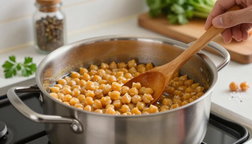A close-up view of a pot simmering on a stovetop with chickpeas being cooked to achieve the perfect softness without breaking apart. The pot should be shiny stainless steel, reflecting the warm glow of the kitchen lights above. Include a wooden spoon stirring the chickpeas gently. Arrange fresh herbs such as parsley and a sprinkling of salt nearby for garnish. In the background, a kitchen counter with spices, a cutting board, and an onion can be seen, adding depth. Soft, natural lighting enhances the inviting atmosphere, while a shallow depth of field focuses on the pot, creating a cozy, homely vibe, suitable for a cooking tutorial scene. A close-up view of a pot simmering on a stovetop with chickpeas being cooked to achieve the perfect softness without breaking apart. The pot should be shiny stainless steel, reflecting the warm glow of the kitchen lights above. Include a wooden spoon stirring the chickpeas gently. Arrange fresh herbs such as parsley and a sprinkling of salt nearby for garnish. In the background, a kitchen counter with spices, a cutting board, and an onion can be seen, adding depth. Soft, natural lighting enhances the inviting atmosphere, while a shallow depth of field focuses on the pot, creating a cozy, homely vibe, suitable for a cooking tutorial scene.