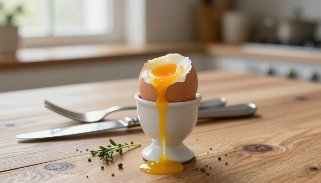 A close-up view of a semi-soft boiled egg, perfectly cooked to reveal a creamy, golden yolk slightly spilling out, sitting in an elegant egg cup on a rustic wooden table. The foreground features the egg in the egg cup, surrounded by a sprinkle of fresh herbs for a touch of color. In the middle, a knife and fork are artfully arranged beside the egg, suggesting a ready-to-eat setting. The background is softly blurred with warm, natural light streaming through a window, enhancing the cozy atmosphere of a kitchen setting. The composition suggests a ready-to-enjoy breakfast moment, inviting and homely. A close-up view of a semi-soft boiled egg, perfectly cooked to reveal a creamy, golden yolk slightly spilling out, sitting in an elegant egg cup on a rustic wooden table. The foreground features the egg in the egg cup, surrounded by a sprinkle of fresh herbs for a touch of color. In the middle, a knife and fork are artfully arranged beside the egg, suggesting a ready-to-eat setting. The background is softly blurred with warm, natural light streaming through a window, enhancing the cozy atmosphere of a kitchen setting. The composition suggests a ready-to-enjoy breakfast moment, inviting and homely.