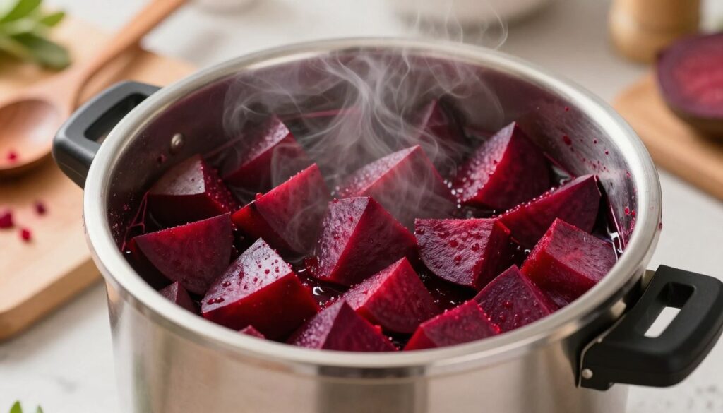 A close-up view of a stainless steel pressure cooker filled with neatly chopped beetroots, showcasing their vibrant red and purple hues. The beetroots are cut into uniform cubes, filling the cooker partially, with some steam rising gently to indicate it's in use. Surround the pressure cooker with kitchen utensils, such as a wooden spoon and a chopping board splattered with beetroot juice, creating a cozy, homely atmosphere. Soft, warm lighting illuminates the scene, emphasizing the freshness of the ingredients, while a shallow depth of field draws focus to the texture and color of the beetroots. The background features a blurred kitchen setting, subtly enhancing the cooking theme.