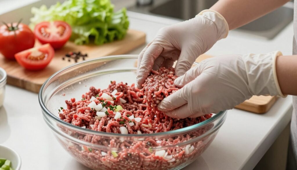 A close-up view of a well-lit kitchen counter featuring the preparation of beef burger patties. In the foreground, a large glass bowl filled with seasoned ground beef, mixed with finely chopped onions, garlic, and herbs, soaking up natural light that highlights its texture. A pair of hands, wearing modest cooking gloves, shapes the mixture into perfectly round patties. The background includes a wooden cutting board with fresh ingredients like lettuce, tomatoes, and spices, creating a vibrant contrast. Soft, warm lighting enhances the inviting atmosphere, while a shallow depth of field blurs the background slightly, focusing the viewer's attention on the patty preparation, conveying a sense of culinary craftsmanship and delicious anticipation.