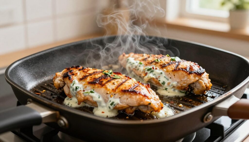 A close-up view of chicken breasts sizzling on a grill pan, showcasing the rich golden-brown sear that indicates perfect grilling. These juicy pieces of chicken are marinated in a creamy yogurt mixture with visible herbs and spices, enhancing the vibrant textures of the meat. In the foreground, the grill pan is shown with sizzling juices pooling around the chicken, emitting steam, highlighting the cooking process. The middle ground captures the grill pan sitting on a modern stovetop, with a soft-focus background that features a cozy kitchen environment, illuminated by warm, natural light pouring in through a nearby window. The atmosphere is inviting and delicious, enticing viewers with the essence of home-cooked meals. A close-up view of chicken breasts sizzling on a grill pan, showcasing the rich golden-brown sear that indicates perfect grilling. These juicy pieces of chicken are marinated in a creamy yogurt mixture with visible herbs and spices, enhancing the vibrant textures of the meat. In the foreground, the grill pan is shown with sizzling juices pooling around the chicken, emitting steam, highlighting the cooking process. The middle ground captures the grill pan sitting on a modern stovetop, with a soft-focus background that features a cozy kitchen environment, illuminated by warm, natural light pouring in through a nearby window. The atmosphere is inviting and delicious, enticing viewers with the essence of home-cooked meals.
