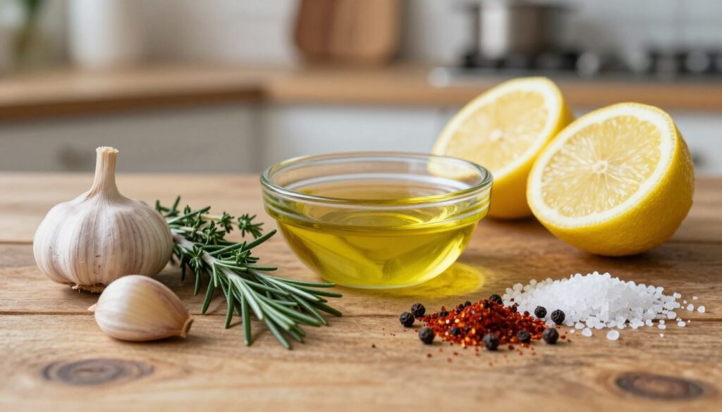 A close-up view of essential marinade ingredients beautifully arranged on a rustic wooden table. In the foreground, vibrant fresh herbs, such as rosemary and thyme, are paired with whole garlic cloves and slices of juicy lemon. In the middle, a small bowl of olive oil gleams under soft natural light, surrounded by spices like black peppercorns, paprika, and sea salt scattered artfully. The background features blurred hints of a home kitchen environment, adorned with faded kitchen utensils and wooden shelves. The composition is warm and inviting, evoking a sense of culinary creativity and comfort. The lighting is soft and diffused, creating a cozy atmosphere that highlights the freshness and colors of the ingredients.