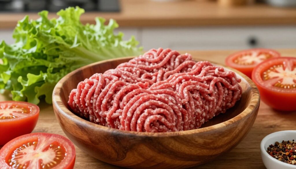 A close-up view of fresh, raw ground beef in a wooden bowl, showcasing its rich red color and marbling, emphasizing its premium quality suitable for juicy burgers. Surrounding the bowl are various burger-making ingredients, such as fresh lettuce leaves, ripe tomato slices, and a small dish of spices, adding depth and contrast. Soft, natural lighting highlights the textures of the meat and the vibrant colors of the vegetables, creating a warm and inviting atmosphere. In the background, a rustic kitchen setting with wooden countertops and subtle hints of cooking utensils, enhancing the home-cooking vibe. The scene is shot from a slightly elevated angle, focusing on the ingredients to provoke a sense of eagerness to cook.