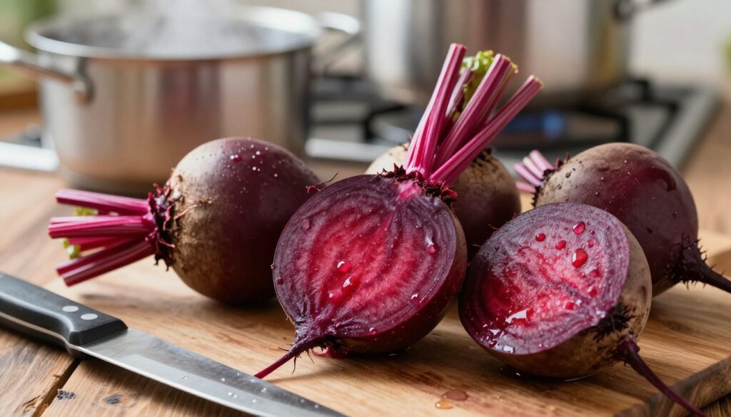 A close-up view of freshly boiled beets, showcasing their vibrant red-purple color. The beets are positioned on a rustic wooden table, with droplets of water glistening on their skin to emphasize freshness. In the foreground, a sharp knife rests beside a cutting board, highlighting the preparation process. In the middle background, a pot of boiling water on a stove emits gentle steam, hinting at the cooking method used to preserve their color and flavor. Soft, natural lighting floods the scene, creating a warm and inviting atmosphere. The focus is on the beets, their rich texture, and vivid hue, capturing the essence of retaining both taste and nutritional value. The overall mood is wholesome and earthy, ideal for showcasing the beauty of this nutritious vegetable.