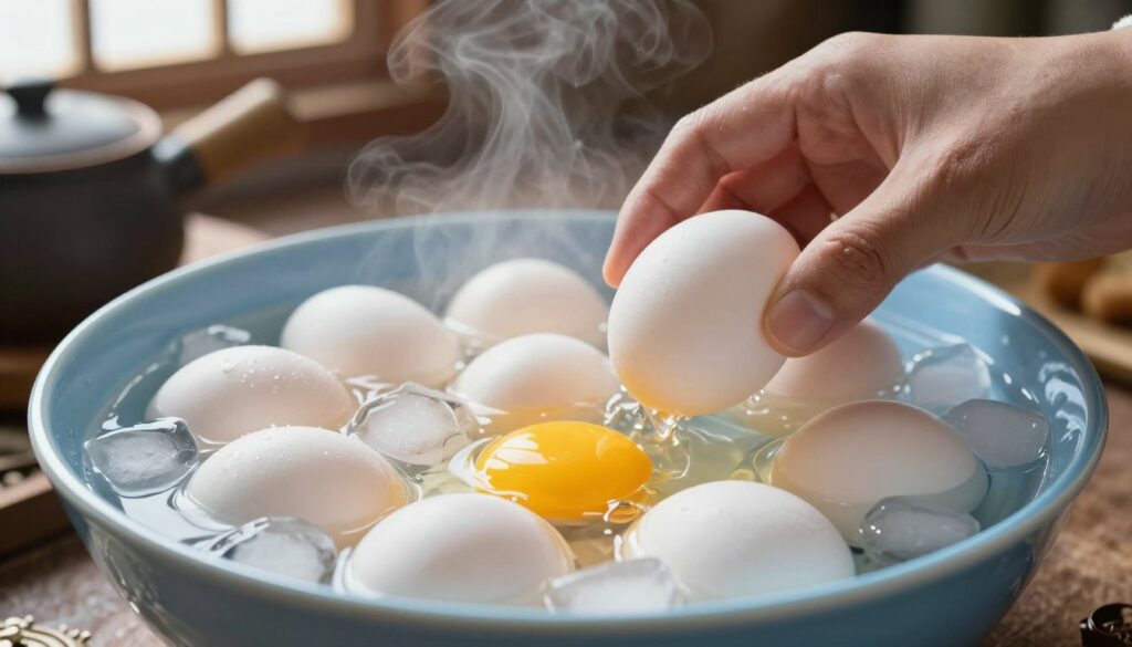 A close-up view of freshly boiled eggs being cooled in a bowl of ice water. The scene captures the shimmering ice cubes in clear water, with steam rising gently from the hot eggs. In the foreground, a hand, wearing a simple kitchen glove, carefully lowers the eggs into the icy bath. The middle layer features the vibrant white and golden-yellow of the eggs against the cool blue of the bowl, highlighting their texture. The background softly blurs out traditional kitchen elements like pots and utensils, bathed in warm, natural light coming from a nearby window. The overall atmosphere is calm and inviting, conveying a sense of culinary care and preparation. A close-up view of freshly boiled eggs being cooled in a bowl of ice water. The scene captures the shimmering ice cubes in clear water, with steam rising gently from the hot eggs. In the foreground, a hand, wearing a simple kitchen glove, carefully lowers the eggs into the icy bath. The middle layer features the vibrant white and golden-yellow of the eggs against the cool blue of the bowl, highlighting their texture. The background softly blurs out traditional kitchen elements like pots and utensils, bathed in warm, natural light coming from a nearby window. The overall atmosphere is calm and inviting, conveying a sense of culinary care and preparation.
