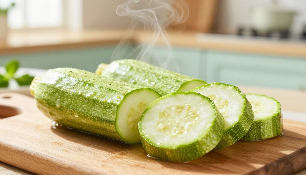 A close-up view of freshly steamed zucchini, showcasing its vibrant green color and tender texture, placed delicately on a rustic wooden cutting board. The zucchini slices, perfectly cooked, glisten with a light sheen of steam, illustrating the method of steaming to retain their firmness. In the background, soft-focus elements include a pastel-colored kitchen with a hint of herbs, enhancing the natural freshness of the dish. Warm, diffused natural light pours in from a nearby window, casting gentle shadows and highlighting the zucchini's smooth surface. The overall mood is inviting and healthy, perfect for a culinary setting that emphasizes the importance of proper cooking techniques.