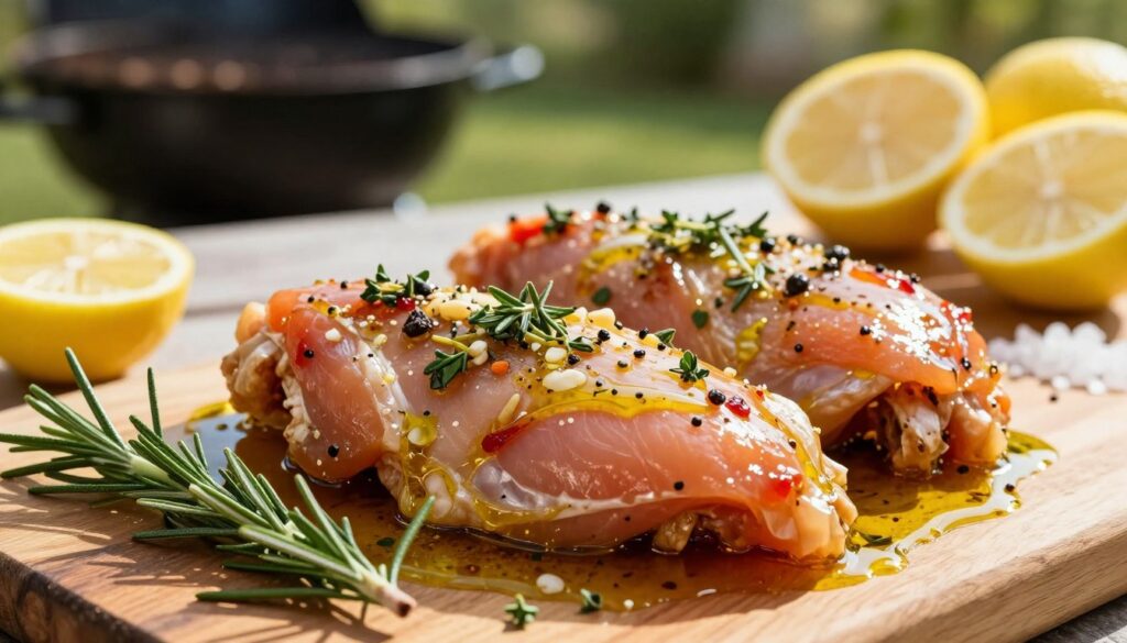 A close-up view of marinated chicken breasts in a vibrant, appetizing marinade consisting of olive oil, garlic, herbs, and spices. The chicken should be glistening with the marinade, showcasing rich colors like deep reds, greens, and golds. In the foreground, include fresh herbs like rosemary and thyme scattered around the chicken. The middle ground features a rustic wooden cutting board with a few halved lemons and a sprinkle of sea salt, contributing to the fresh, organic aesthetic. The background is softly blurred to reveal a sunny outdoor grilling area, enhancing the mood of summer cooking. Natural sunlight filters through, creating warm highlights and subtle shadows to evoke a delicious and inviting atmosphere.