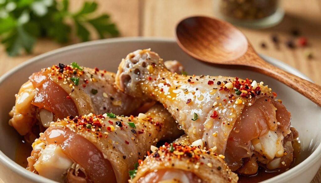 A close-up view of marinated chicken drumsticks in a bowl, showcasing vibrant spices and herbs like paprika, garlic, and fresh parsley clinging to the glossy meat. The scene captures the marinated chicken in the foreground, with droplets of marinade glistening under warm, soft lighting that enhances the textures of the spices. In the middle, a wooden spoon rests beside the bowl, suggesting preparation. The background subtly features a rustic kitchen setting, with blurred herbs and spices on a wooden countertop, evoking a cozy, inviting atmosphere. The overall mood is warm and appetizing, emphasizing the importance of marination for juicy chicken.