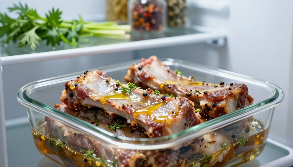 A close-up view of marinated pork neck ribs (karkówka) resting in a glass container inside a refrigerator. The foreground features the ribs, glistening with a rich, aromatic marinade made of herbs, spices, and oil, reflecting light beautifully. Each rib showcases the texture of the meat, absorbing the marinade. In the middle ground, shelves lined with various fresh herbs and spices, hinting at the marinade's ingredients. The background presents a well-organized refrigerator, slightly blurred, to emphasize the ribs. Soft, cool lighting creates a fresh and inviting atmosphere, while maintaining a clean and organized look. The angle is slightly tilted, giving a dynamic perspective while ensuring focus on the marinated ribs for a mouthwatering appeal.