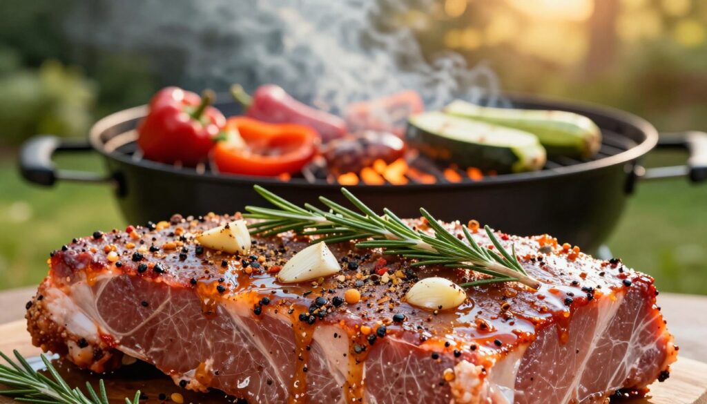 A close-up view of marinated pork shoulder ready for grilling, showcasing the rich marinade with vibrant spices and herbs glistening on the meat. The foreground features the seasoned pork with chunks of garlic, fresh rosemary, and cracked black pepper embedded in the marinade. In the middle, a well-used grill sits, with hot coals emitting a warm glow, while juicy vegetables like bell peppers and zucchini are prepared nearby. The background features a blurred outdoor setting with lush greenery, hinting at a summer backyard barbecue atmosphere. Soft, golden sunlight filters through the trees, casting a warm, inviting light over the scene. The focus is sharp on the meat, highlighting the textures, while a subtle depth of field softens the surroundings. A close-up view of marinated pork shoulder ready for grilling, showcasing the rich marinade with vibrant spices and herbs glistening on the meat. The foreground features the seasoned pork with chunks of garlic, fresh rosemary, and cracked black pepper embedded in the marinade. In the middle, a well-used grill sits, with hot coals emitting a warm glow, while juicy vegetables like bell peppers and zucchini are prepared nearby. The background features a blurred outdoor setting with lush greenery, hinting at a summer backyard barbecue atmosphere. Soft, golden sunlight filters through the trees, casting a warm, inviting light over the scene. The focus is sharp on the meat, highlighting the textures, while a subtle depth of field softens the surroundings.