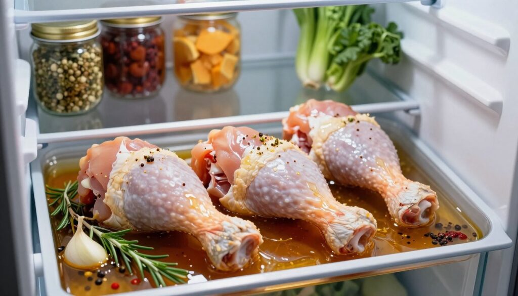 A close-up view of marinating chicken drumsticks placed inside a refrigerator, showcasing various marinating ingredients like herbs, garlic, and spices surrounding the meat. The chicken is submerged in a vibrant, rich marinade, glistening with oils and seasonings. The refrigerator's interior is illuminated with soft, cool lighting to emphasize freshness, highlighting the textures of the meat and marinade. In the background, shelves with neatly arranged jars and vegetables can be seen, creating an organized and inviting atmosphere. The overall mood is appetizing and encouraging, suggesting a deep flavor infusion through marination. The camera angle is slightly above eye level, focusing primarily on the chicken in its marinade.