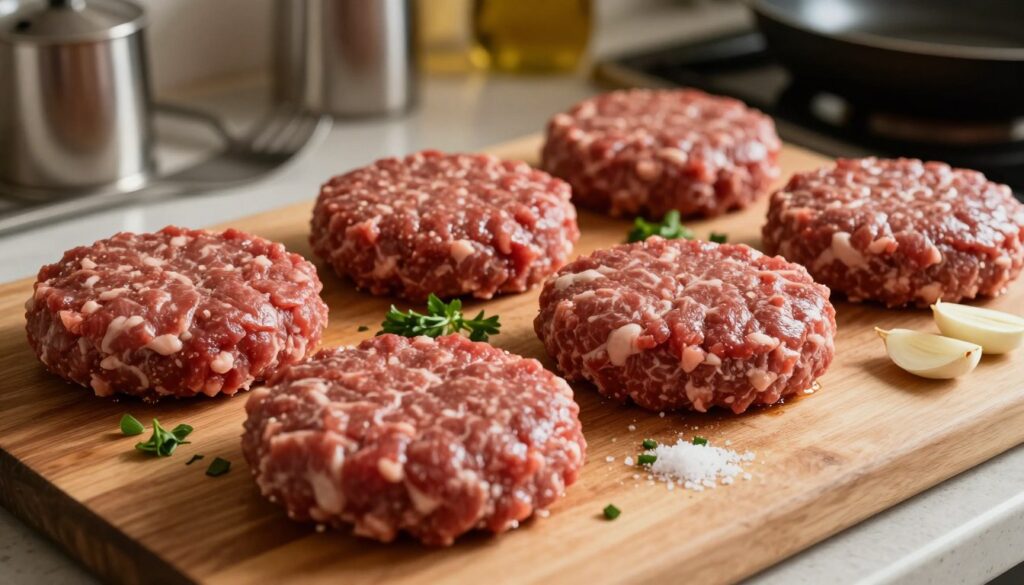 A close-up view of raw burger meat patties arranged neatly on a wooden cutting board, ready for frying. The patties are thick, with a textured surface showcasing marbling for juiciness. Surrounding the meat are fresh chopped herbs, a sprinkle of salt, and a few slices of garlic, adding to the preparation scene. The lighting is warm and inviting, casting soft shadows that enhance the rich red color of the meat. In the background, a blurred kitchen setting with stainless steel utensils and a skillet adds depth, suggesting a homey cooking atmosphere. The focus is sharp on the burgers, creating an appetizing and inviting mood for the viewer. A close-up view of raw burger meat patties arranged neatly on a wooden cutting board, ready for frying. The patties are thick, with a textured surface showcasing marbling for juiciness. Surrounding the meat are fresh chopped herbs, a sprinkle of salt, and a few slices of garlic, adding to the preparation scene. The lighting is warm and inviting, casting soft shadows that enhance the rich red color of the meat. In the background, a blurred kitchen setting with stainless steel utensils and a skillet adds depth, suggesting a homey cooking atmosphere. The focus is sharp on the burgers, creating an appetizing and inviting mood for the viewer.