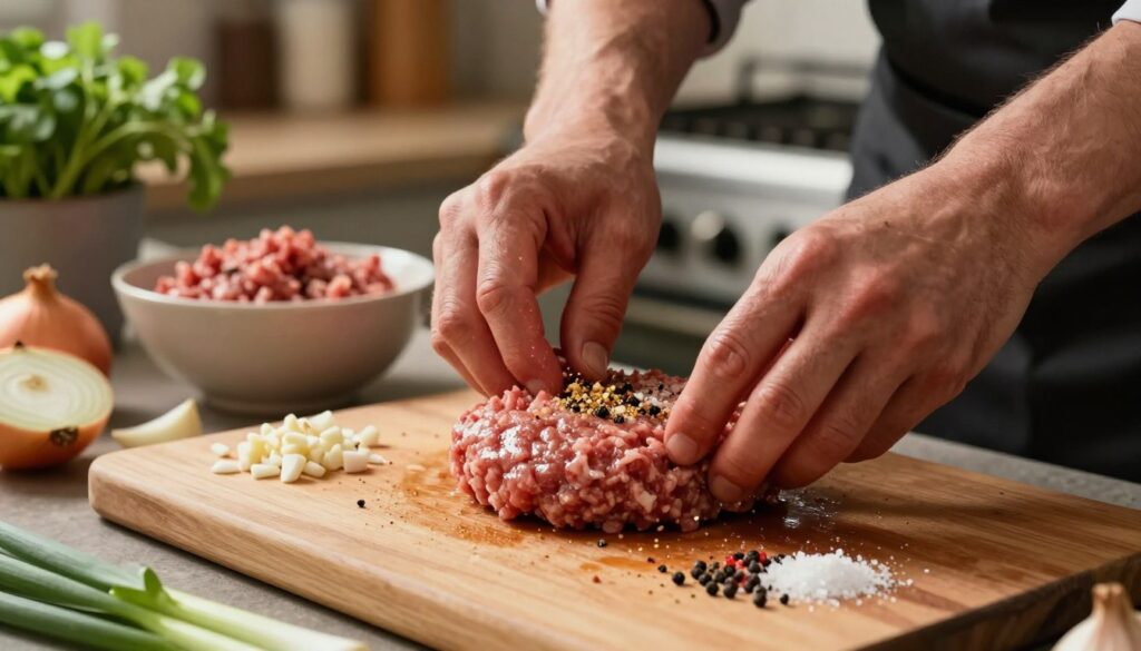 A close-up view of seasoned ground meat being prepared for burger patties, showcasing a chef's hands skillfully mixing in various spices like salt, pepper, garlic powder, and herbs. In the foreground, there's a wooden cutting board with scattered seasoning and fresh ingredients such as chopped onions and minced garlic. The middle ground features a bowl with the seasoned meat, glistening under warm kitchen lighting, emphasizing the texture and moisture of the mixture. In the background, a cozy kitchen setting with herbs in pots and a grilling station adds to the atmosphere. The image conveys a warm, inviting mood, reflecting the art of burger preparation with a focus on quality and flavor. A close-up view of seasoned ground meat being prepared for burger patties, showcasing a chef's hands skillfully mixing in various spices like salt, pepper, garlic powder, and herbs. In the foreground, there's a wooden cutting board with scattered seasoning and fresh ingredients such as chopped onions and minced garlic. The middle ground features a bowl with the seasoned meat, glistening under warm kitchen lighting, emphasizing the texture and moisture of the mixture. In the background, a cozy kitchen setting with herbs in pots and a grilling station adds to the atmosphere. The image conveys a warm, inviting mood, reflecting the art of burger preparation with a focus on quality and flavor.